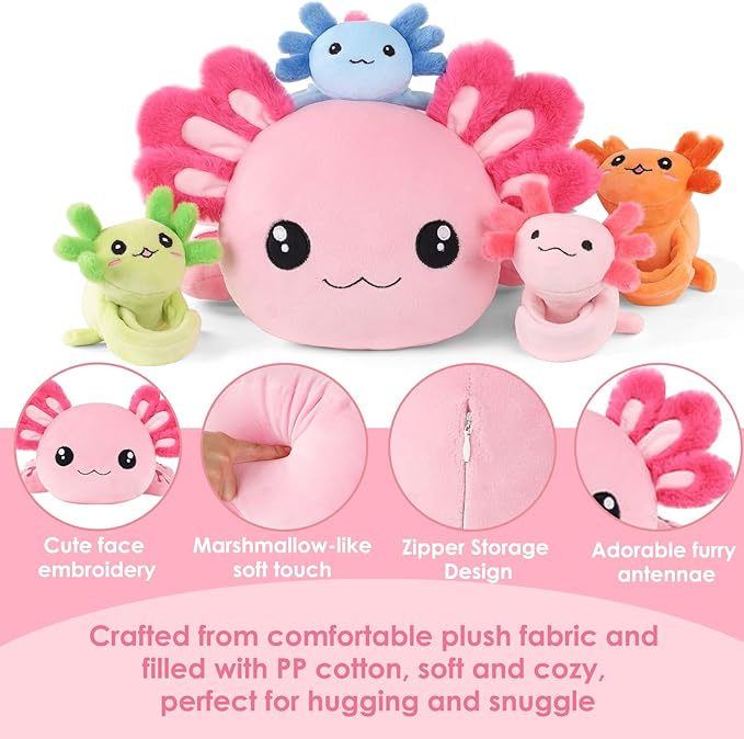 5 Pcs Axolotl Plush Toys for Girls Boys, 18.5" Mommy Axolotl Stuffed Animal with 4 Baby Axolotls Inside, Pink Stuffed Axolotl Salamander Plushies Pillow Toys Gift for Kids Easter Christmas Birthday
