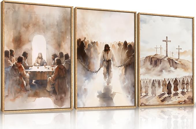 LHIUEM Large Jesus Neutral Framed Canvas Wall Art Set,Christ Church Wall Decor,Christian Bible Story Religious Easter Last Supper Artwork for Living Room,Churches,Prayer Room Decor- 24''x36''x3