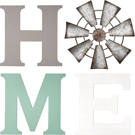 Mkono Farmhouse Wall Decor Wooden Home Sign with Metal Windmill for O Rustic Hanging Letters Decorative Wall Art Decor Signs for Living Room Kitchen Bedroom Entryway House