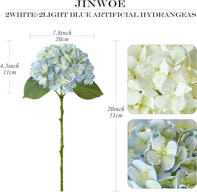 JINWOE 4Pcs Boho Faux Hydrangea Flowers, Blue/White 20" Real Touch Fall Artificial Hydrangea,Fake Silk Flowers for Dinning Tables Party Outdoor Home Cemetery Kitchen Wedding Bouquet