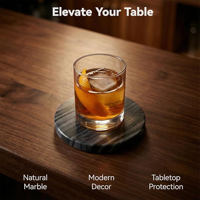 Black Marble Coasters Set of 4 with Holder, Black & Dark Gray Coasters for Coffee Table, 4" Round Polished Black Stone Coaster with Unique Veins – Heat Resistant, Non-Slip, Housewarming Gift