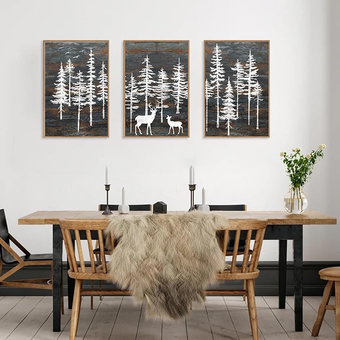 Modern White Forest Framed Canvas Wall Art Set, Minimalist Woodland Art Painting, Retro Tree Landscape Wall Decor, Wildland Deer Artwork for Living Room, Dining Room, Office-16 x24 x3