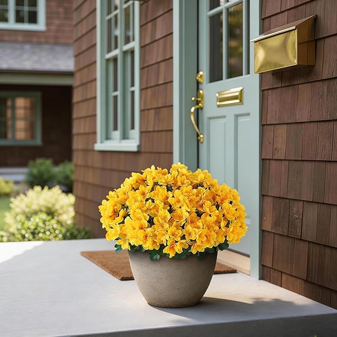 16 Bundles Artificial Flowers for Front Door, Fake Silk Azalea Bouquet Silk Flowers for Outside UV Resistant Realistic Faux Plants for Planter Farmhouse Patio Garden Walkways Home Decor (Yellow)
