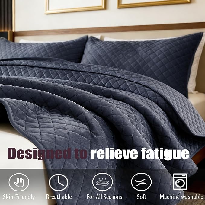 Velvet Oversized King Quilt Size Set 120x120 Luxury Ultra Soft Bedspread Coverlet 3-Piece King Comforter Sets with 2 Pillow Shams 20x36 Cozy All Seasons Velvet Bedding Set, Blue Gray