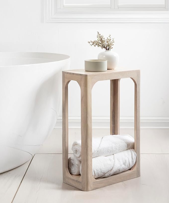 Kate and Laurel Dahl Modern Slatted Wooden Slim Side Table; 16 x 8 x 24; Whitewash; Transitional Wood Narrow End Table for Use as Living Room Plant Stand or Small Bedroom Nightstand