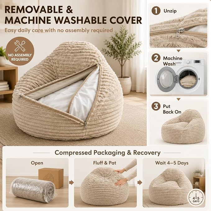 Simple Deluxe 3.25 ft Faux Fur Memory Foam Bean Bag Chair, Large Comfy Lazy Chair for Adult with Memory Foam Filled & Washable Cover, Perfect for Reading Gaming in Living Room Bedroom, Taupe