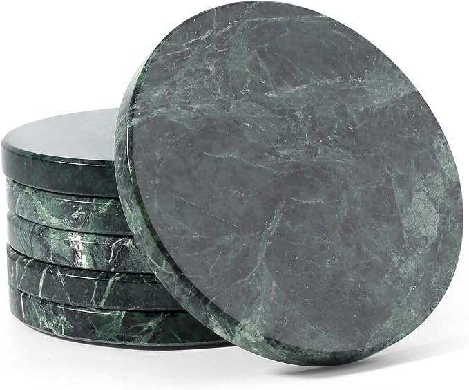 Marble Coasters Set of 6 Green - 4" Round Stone Coasters for Drinks - Luxury Marble Coasters for Coffee Table - Elegant Heat Tolerant Table Decor for Home, Office, Dining, Ideal Housewarming Gift