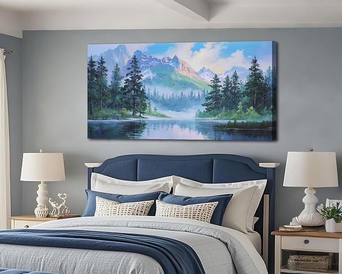 Acocifi Landscape Canvas Wall Art for Living Room 40"x20" Blue Painting | mountain lake forest nature scenery picture pine trees modern wall decor bedroom kitchen artwork framed ready to hang