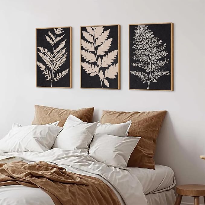 SIKERIC Vintage Black Tan Fern Leaf Wall Art, Nature Minimalis Leaves Framed Canvas Art Print Set of 3, Modern Fern Silhouette Wall Decor, Large Plant Artwork for Living Room, Bedroom, Office-24x36