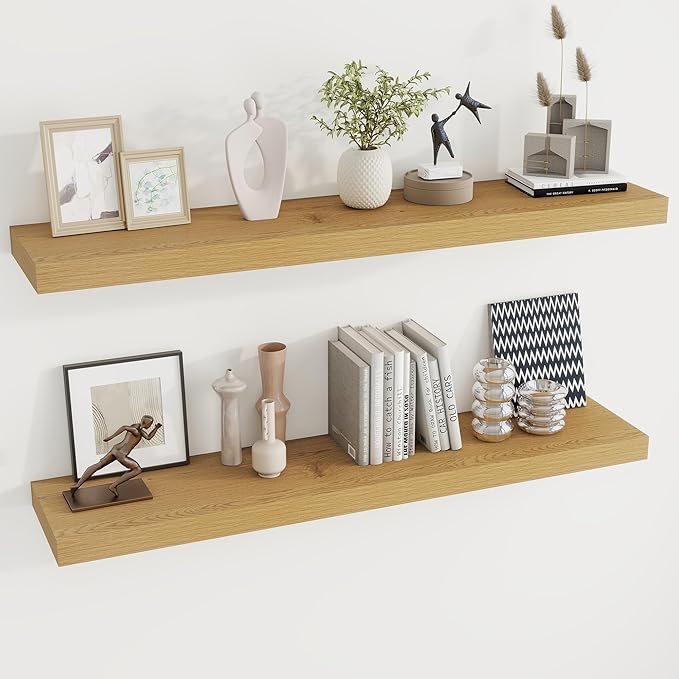 Dreamland 48Inch Oak Floating Shelves 9.3" Deep Wall Mounted Set of 2 | Wall shelves for bathroom, bedroom, kitchen, deep wall mount wood storage display for home decor 48" x 9.3"