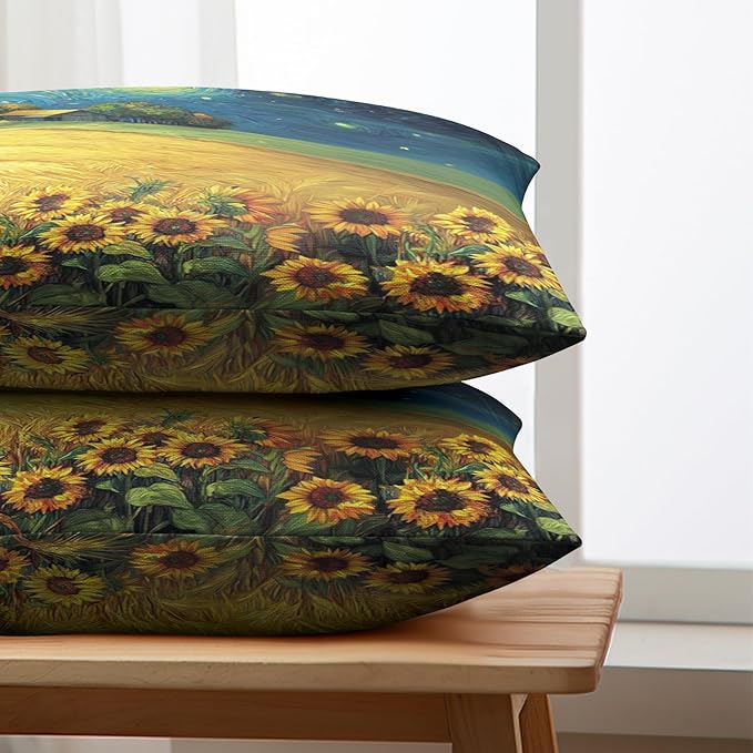 Fall Lumbar Throw Pillow Covers 12x20 Set of 2 Autumn Sunflower Wheat Field Harvest Pillow Covers Scarecrow Under Van Gogh Starry Night Rectangular Pillowcase for Home Decor Couch