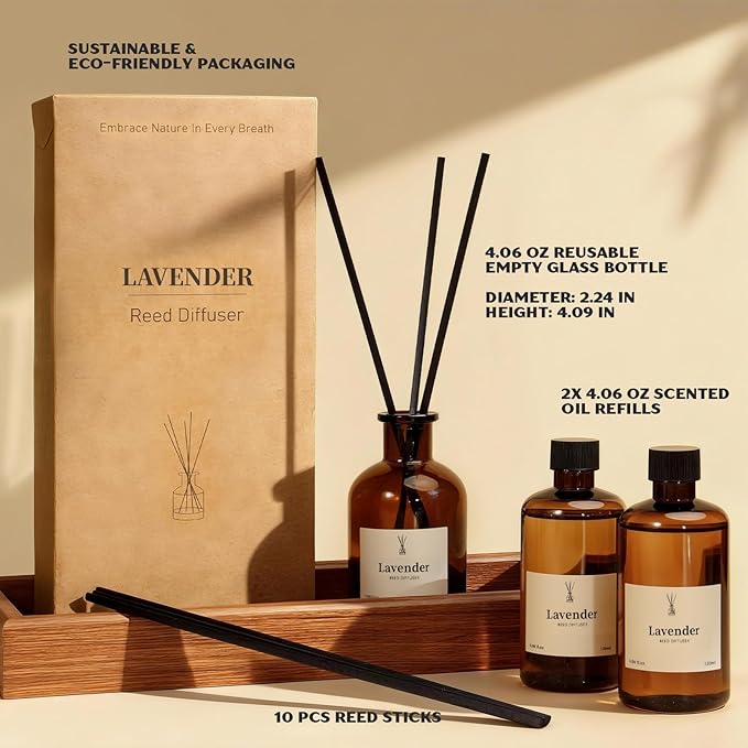 Reed Diffuser Set, 8.12 fl.oz Lavender Scented Oil Diffuser with Sticks, Up to 120 Days, Home Fragrance Reed Diffuser for Bathroom Office Shelf Decor & Room Fresheners, 2 Pack
