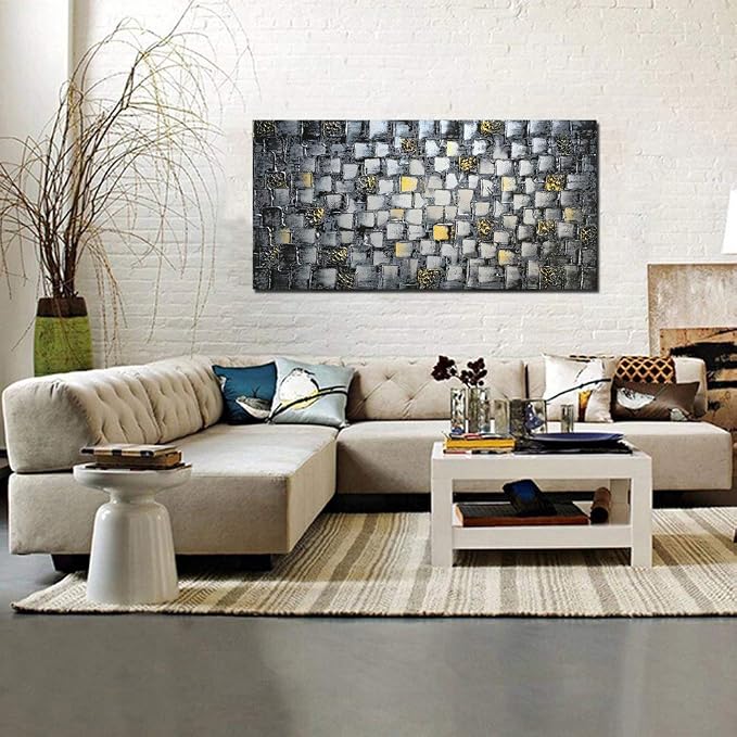 MyArton Large Thick Abstract Dark Silver add Golden Square Wall Art Hand Painted Artwork Textured Oil Painting on Canvas Framed Ready to Hang 60x30inch