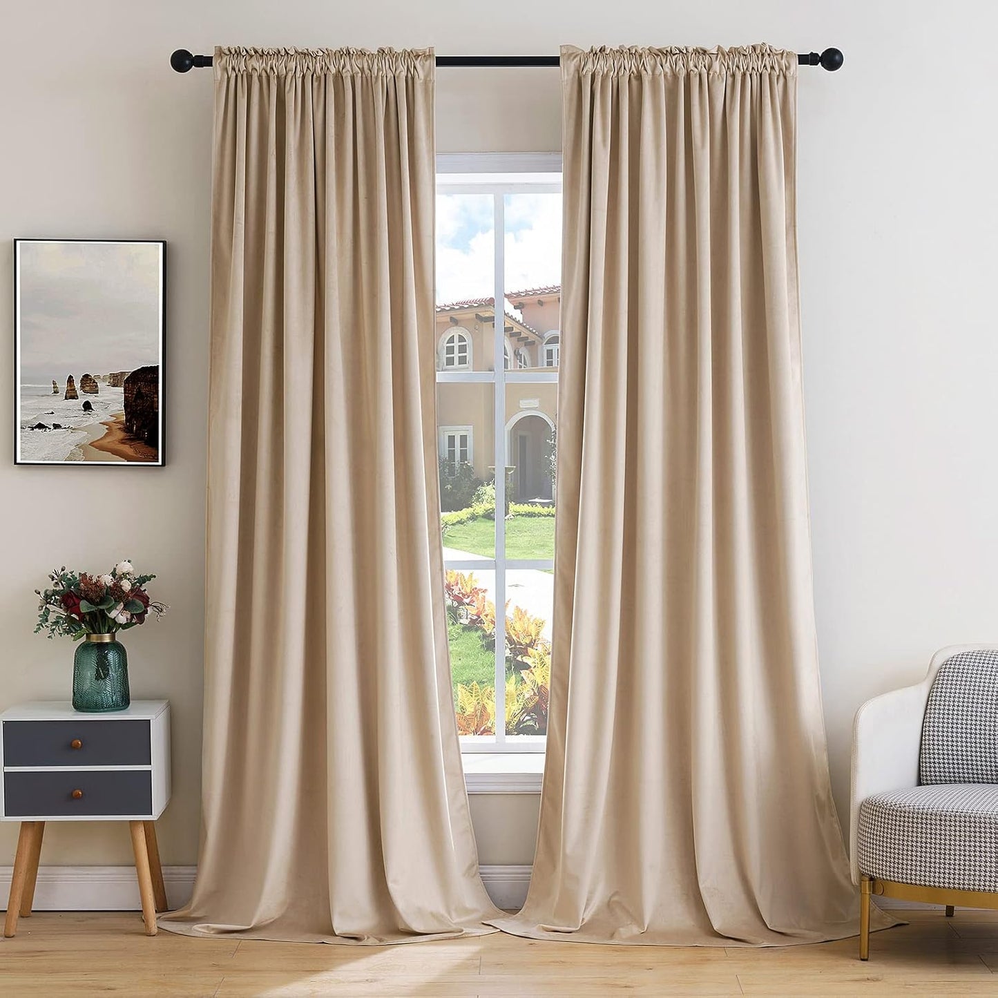 MIULEE Camel Beige Velvet Curtains Thermal Insulated Blackout Curtain Drapes for Bedroom Living Room Darkening 108 Inches Long Curtains Panels Rod Pocket Set of 2