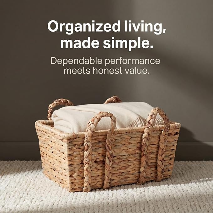 Household Essentials Large Rectangular Floor Storage Basket with Braided Handles, Light Brown