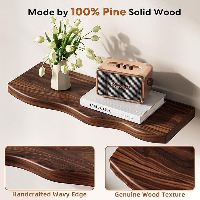 Floating Shelves for Wall, 24 inch Rustic Wooden Floating Shelves, Wall-Mounted Floating Bookshelf, Hanging Shelves with Unique Natural Grain for Living Room, Bedroom, Kitchen (Walnut Color)