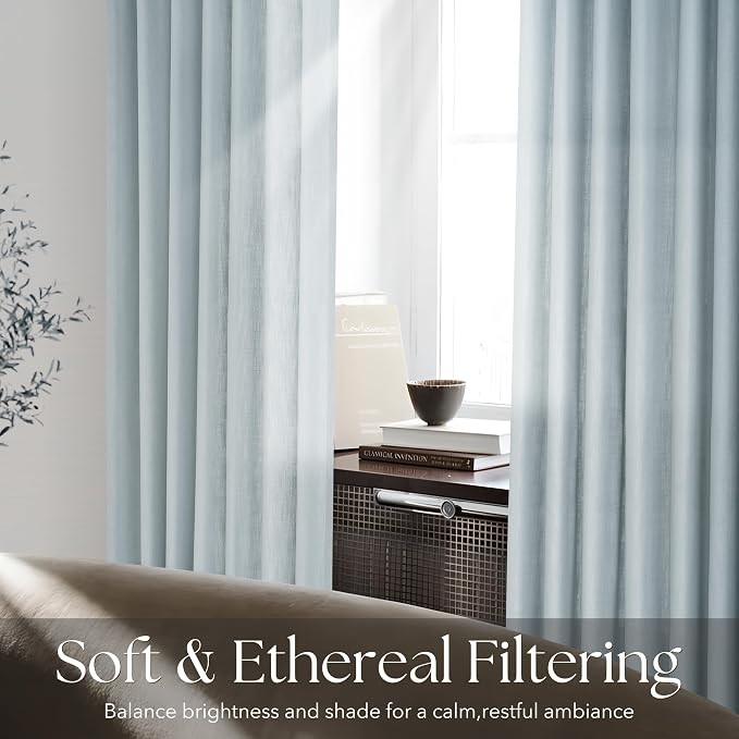 Light Blue Pinch Pleated Linen Curtains 102 inches Long with Clips and Hooks for Boys Bedroom Elegant Neutral Farmhouse Dusty Blue Semi Sheer Pleat Drapes Living Room 40"x102" 2 Panels Grey Blue