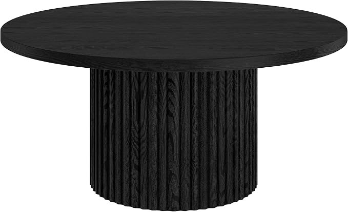 Henn&Hart 32" Fluted Round Wooden Pedestal Low-Profile Coffee Table with Ribbed Pedestal Base for Living Room, Family Room, Office, or Apartment, Natural Black