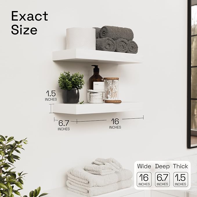 Solid Wood Floating Shelves for Wall 16 inch White, Wooden Bathroom Shelf | Real Wood, Wall Mounted, Floating Shelf for Bathroom, Kitchen Bedroom Farmhouse, White Finish, 16W x 6.7D, Set of 2