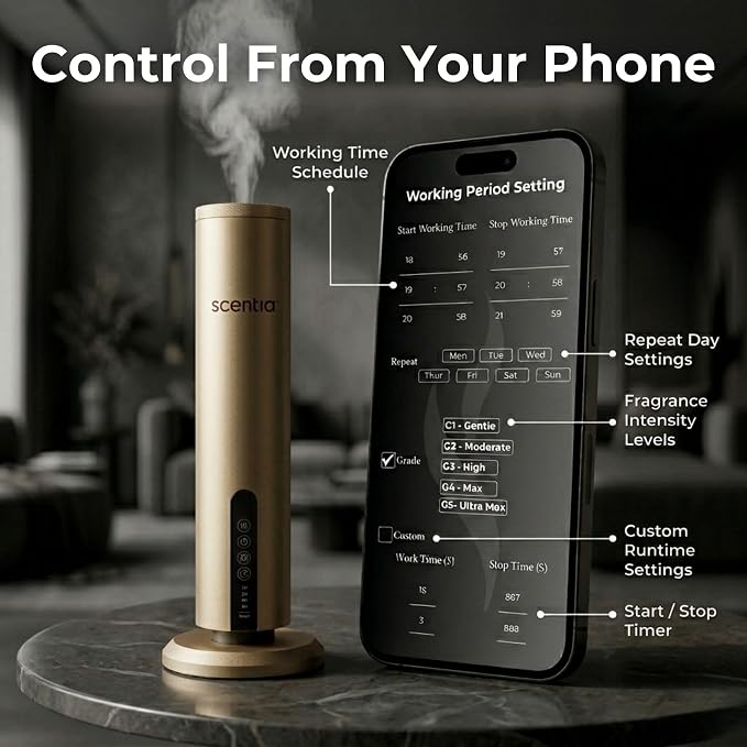 Scentia Wireless, Cold Air, Waterless Hotel Scent Diffuser for Home,Office or Spa Aromatherapy | Includes Premium USA-Made Oil Blend | App Controlled, | Covers 1500 Sq Ft | 72 Hrs in 1 Charging |Gold