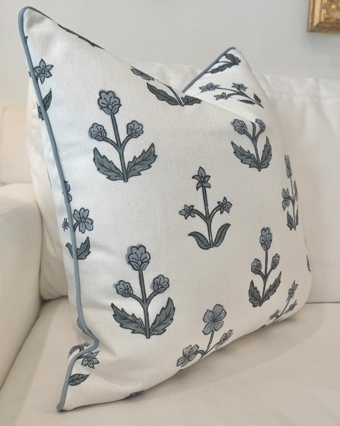 Jillien Harbor "The Bella” Floral Block Print Pillow Cover – Blue & White Decorative Throw Pillow Cover with White Background – Grandmillennial Home Decor, 20" x 20"