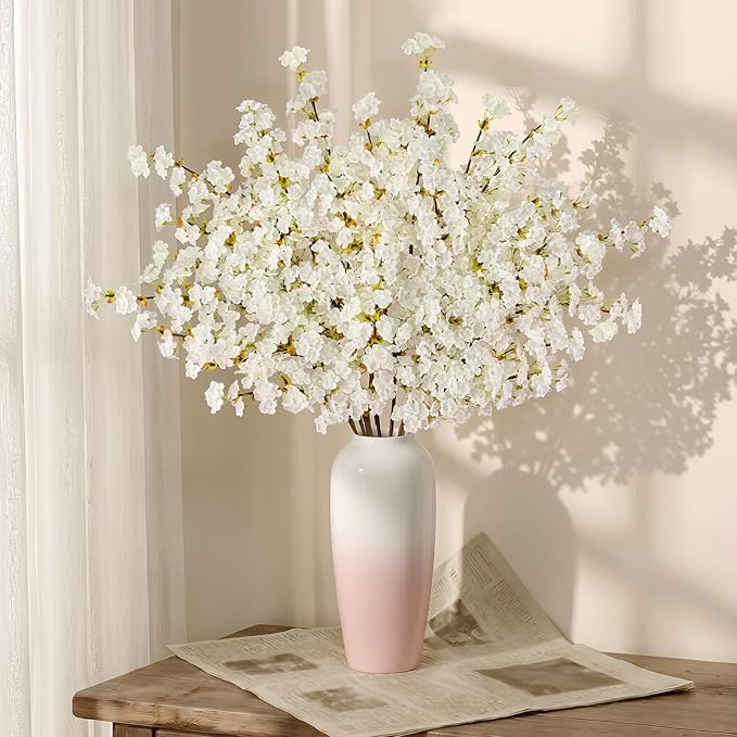 Uieke Silk White Cherry Blossom Branches, 39.3in Artificial Cherry Blossom Stems, Fake Plum Blossom Flowers Arrangement for Wedding Home Decor, Set of 8