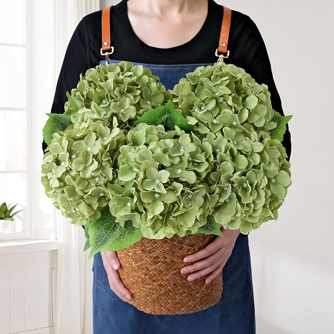 JINWOE Green Flowers Artificial Hydrangeas, 5Pcs 20Inch Large Lifelike Faux Silk Flowers, Full Artificial Hydrangeas for Bouquet Table Centerpieces Indoor Spring Outdoor Home（Rosemary Green）