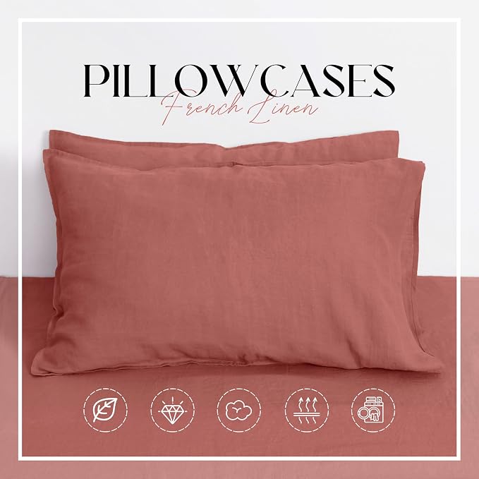 Linen World Linen Pillow Cases Set of 2,20"x40" King Size,100% French Natural Flax Soft Linen Pillowcases,Clay Pink
