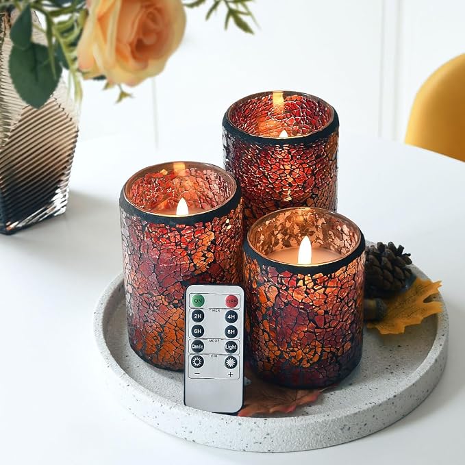 TELOSMA LED Mosaic Flameless Candle, Red Yellow Cracked Glass Pattern Pillar Candle - Centerpieces Table Bed Fireplace Autumn Decor - Set of 3