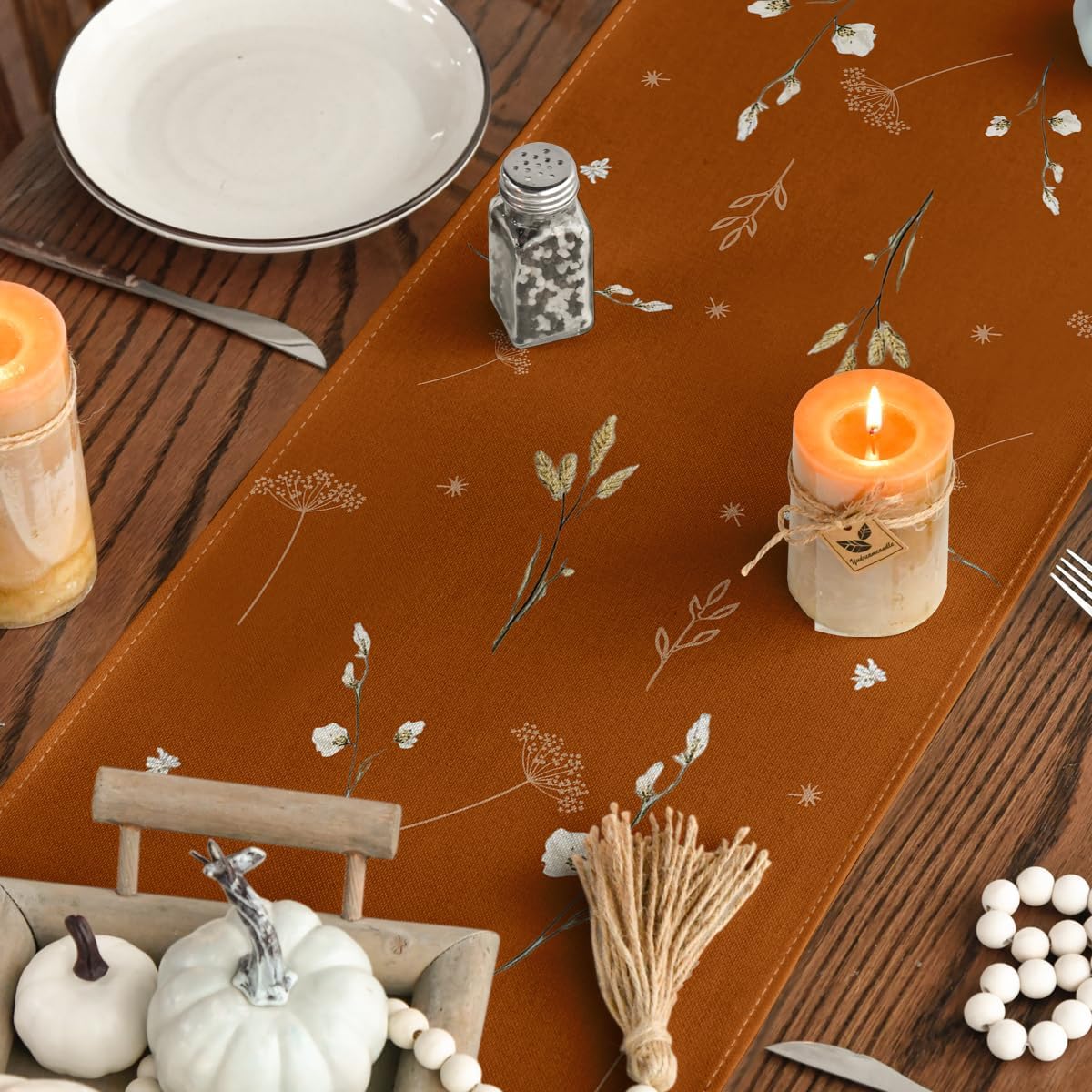 Artoid Mode Orange Pumpkins Leaves Flowers 210 GSM Fall Table Runner, Seasonal Autumn Kitchen Dining Table Decoration for Home Party Decor 13x108 Inch