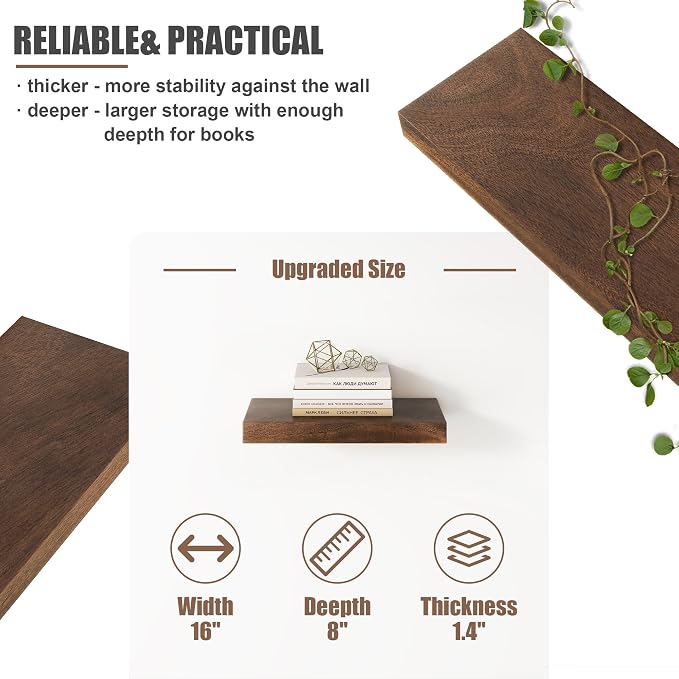 Floating Shelves for Wall, USA-Sourced Walnut Wood 16 Inch Wall Shelves Set of 2, Natural Wooden Mounted Picture Ledge Shelf, Nursery Book Storage Shelf Kids Bookshelf Display, Shelf for Bathroom