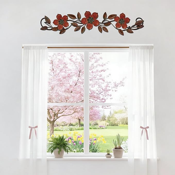Wesiti Metal Flower Wall Decor Vintage Spring Metal Flower Wrought Iron Scroll Sculpture 15.7''x3.7'' Farmhouse Leaf Wall Decor with Nails for Spring Living Room Bedroom Indoor Outdoor(Red)