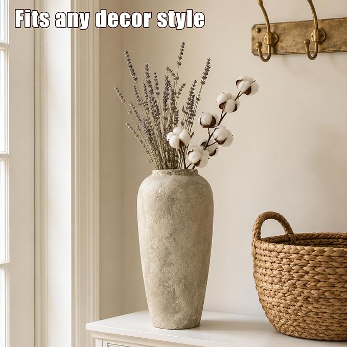 Ceramic Rustic Farmhouse Vase, 15 Inch Beige Flower Vases for Home Decor, Rustic Pottery Vase for Table Centerpieces & Living Room, Farmhouse Ceramic Vases for Entryway & Wedding Gifts