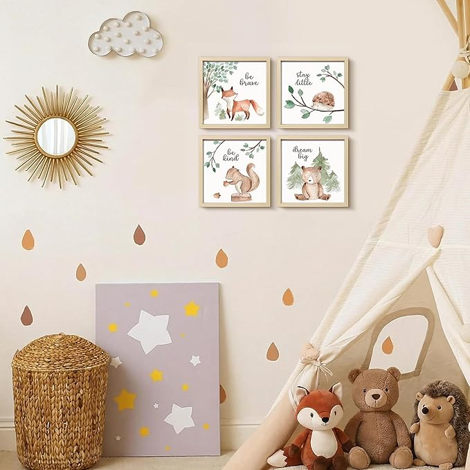 ArtbyHannah Framed Woodland Nursery Wall Decor, 4 Pack Gallery Wall Frame Set Forest Animal Safari Wall Art Prints for Baby Kids Playroom Room Decoration, Cute Artwork Frame 8x8 Inch