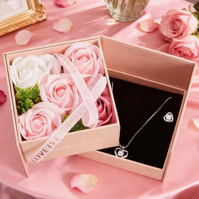 WDS WONDROUS Preserved Rose Jewelry Gift Set for Women, Forever Rose Flower with Heart Necklace & Earrings for Valentine's Day Anniversary Birthday Gift for Her