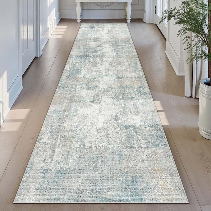 2x7 Washable Runner Rug Blue Cream Abstract Non Slip Soft Low Pile Hallway Kitchen Rug Neutral Modern Carpet for Laundry Bathroom Bedroom Living Room Home Decor
