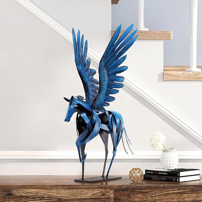 SunBlogs Art Horse Statue Décor Artwork, 24" H Handmade Metal Pegasus Greek Flying Horse Sculpture, Hand-Painted Animal Figurines for Home Living Room Office (Vintage Blue with Wings)