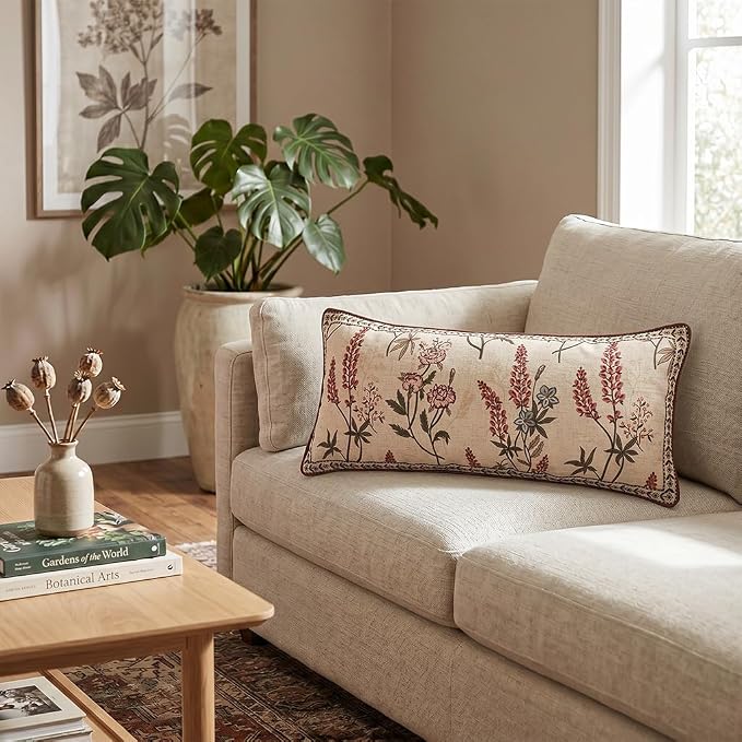 ISAENNE Designer Vintage Linen Throw Pillow Cover,28"x12"-Helena A | Elegant French Rectangle Pillow Cover,Concealed Zipper Design,Floral Pattern,Sofas,Bedroom,Living Room,Lounge Chairs