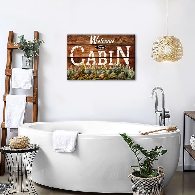 Vintage Cabin Wall Decor Brown Welcome to Ours Wall Art Rustic Cabin Decorations for Home Country Style Nature Forest Canvas Framed Artwork Living Room Bedroom Porch Entryway Lodge Decorative 16x24