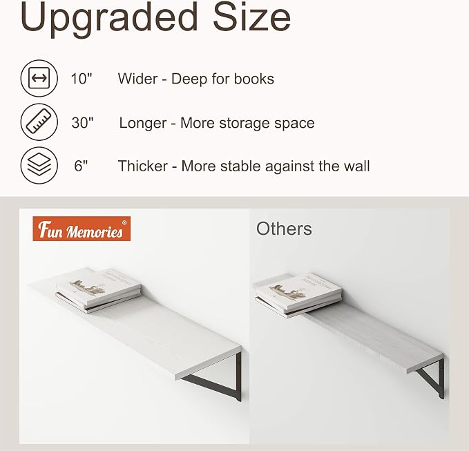 10 Inch Deep Floating Shelves, White Floating Shelves 30 Inch Long, Rustic Wood Wall Shelves 30"W x 10"D, Deep Floating Shelf with Bracket, Wide Storage Shelves for Books, Living Room, Bathroom