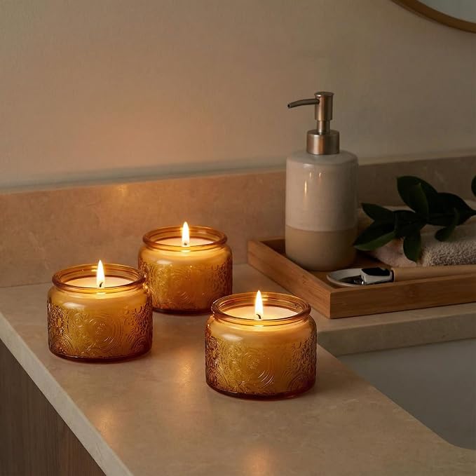 4 oz Orange Sun Moon Stars Candle Jars with Bamboo Lids, 18 Pack | Patented Embossed Design, Includes Wick Centering Devices & Warning Labels, Multiple Color Options