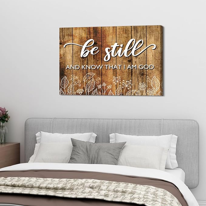 Farmhouse Christian Wall Art for Living Room Rustic Vintage Religious Bible Verse Picture Be Still and Know That I Am God Posters Canvas Prints Framed Artwork Bedroom Kitchen Home Decorations 32x48
