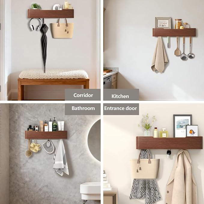 Wall Mounted Coat Rack with Shelf, Wooden Entryway Organizer with Hidden Metal Hooks for Hanging Coats Bags Keys, Modern Floating Shelf for Hallway Bathroom