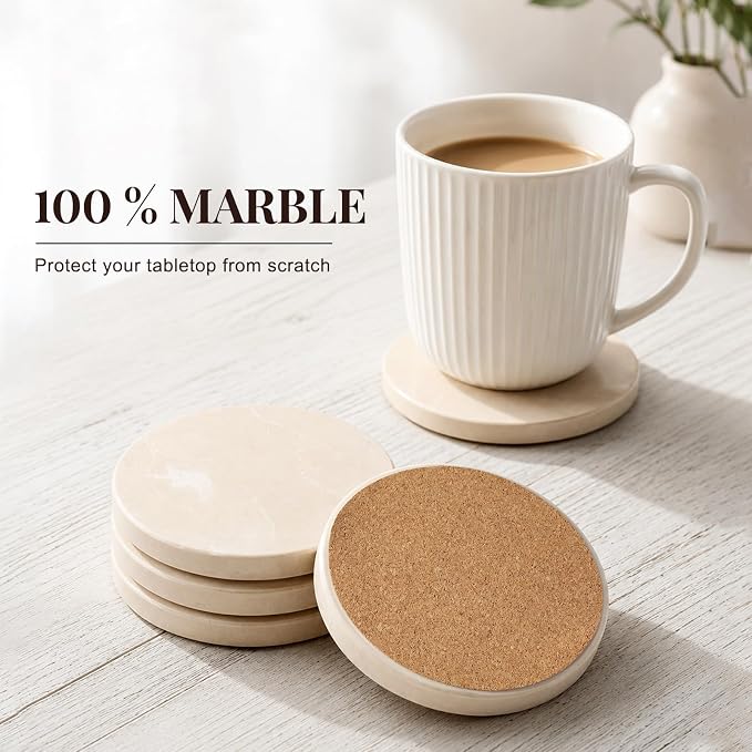 Koville Marble Coaster Set of 4, Round Coasters, 4" Stone Coaster for Drinks Coffee, Marble Coasters for Coffee Table Home Bar Decor, Heat Resistant, Gift Choice(Beige)