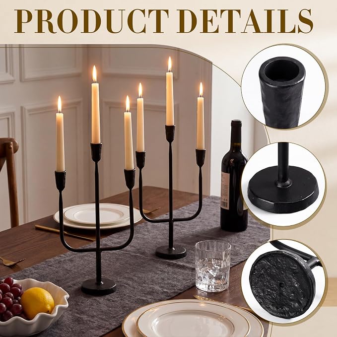 2 Pcs 16 Inch 3 Arm Metal Candelabra Cast Iron Taper Candelabra Vintage Tall Candle Holder Decorative Candlestick Holder for Wedding Antique Table Centerpiece & Mantel Decor (Black)