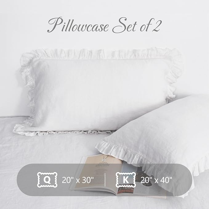 Linen Ruffled Pillow Cases,100% French Natural Linen Pillowcase Set of 2,Ruffled Linen Pillow Shams,Decorative Boho Pillow Cases Ruffle Bedding Standard Size (20''x30''),White