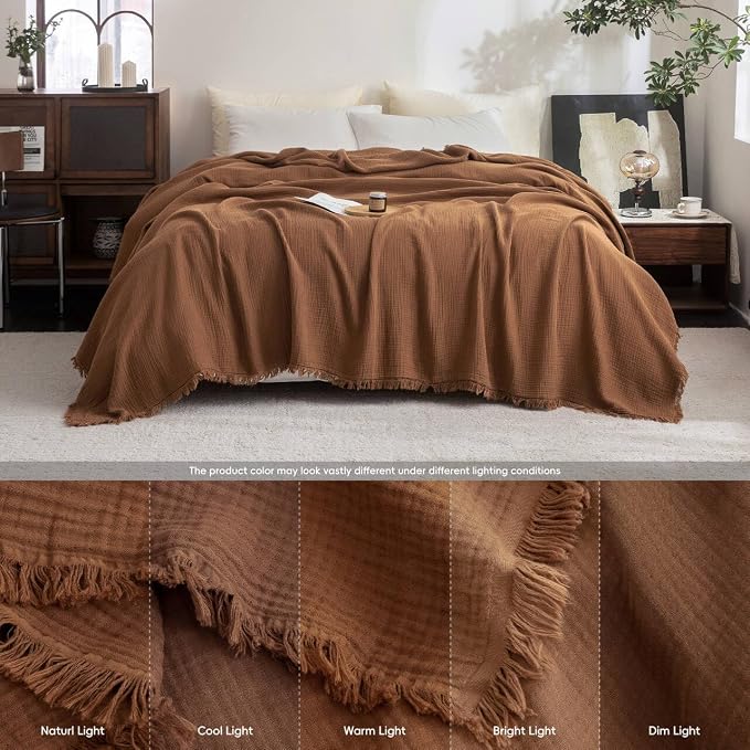 FOSSA Muslin Blanket 4-Layer 100% Cotton Gauze Blanket with Fringe 66"x90" | Super Soft Breathable Lightweight All Season & Decorative Blanket or Bed, Sofa, Office (Dark Orange,Twin XL)