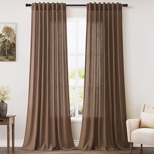 Extra Long Caramel Brown Linen Curtain 108 Inches Long 2 Panels Set Back Tab Linen Drapes for Living Room Modern Farmhouse Light Filtering Semi Sheer Curtains 108 Inch Length for Big Window 52x108