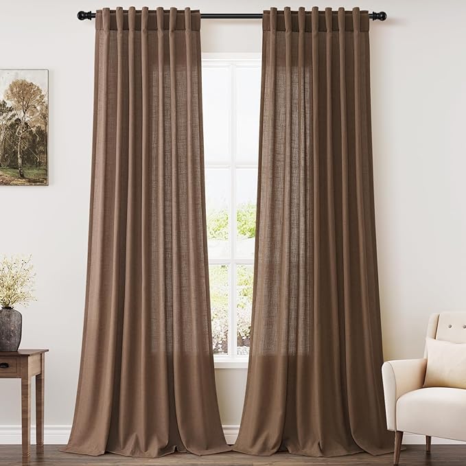 Caramel Brown Linen Curtains 90 Inch Length 2 Panels Set for Living Room Back Tab Rod Pocket Window Drapes Light Filtering Modern Farmhouse Curtain 90 Inches Long for Dining Room Nursery 52x90