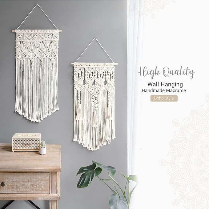 Mkono 2 Pcs Macrame Woven Wall Hanging Boho Chic Geometric Art Decor - Beautiful Bedroom Nursery Apartment Home Decoration, Gift for Girls Adults Birthday Christmas, 32" L x 16.5" W